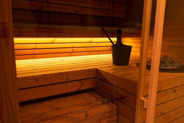 Led strip in the sauna under the condensation below illuminating with beautiful, indirect light. Ledstore.fi