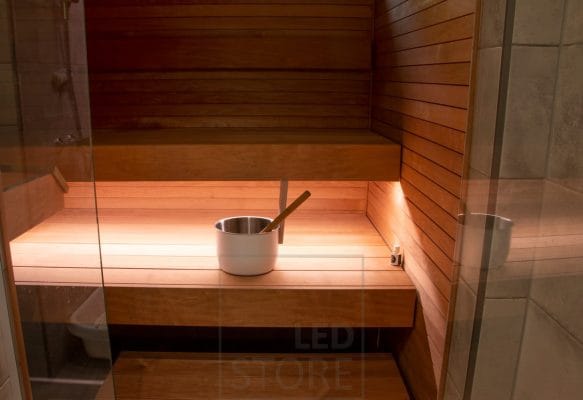 In the sauna, an LED strip under the bench creates an atmospheric indirect lighting in the sauna. Ledstore.fi  