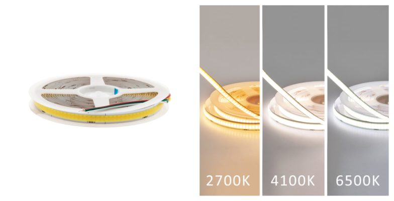 LED-valojen hehkua lämpimän valkoisena (2700K), suojain valkoisena (4100K) ja viileän valkoisena (6500K).