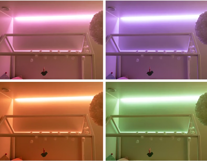 Makuuhuoneen nurkkaus, jonka tunnelmaa korostavat LedStore.fi:n LED-nauhat sävyissä pinkki, violetti, oranssi ja vihreä - asennettuna tyylikkään puisen sängynpäädyn yläpuolelle. - LedStore Espoon Kaitamäessä sijaitsevan perheen kodin huoneessa sängynrunko on valaistu LedStore.fi:stä hankitulla LED-nauhoista koostuvalla valaistusratkaisulla, joka tuottaa tunnelmallisia pinkin, violetin, oranssin ja vihreän sävyjä.
