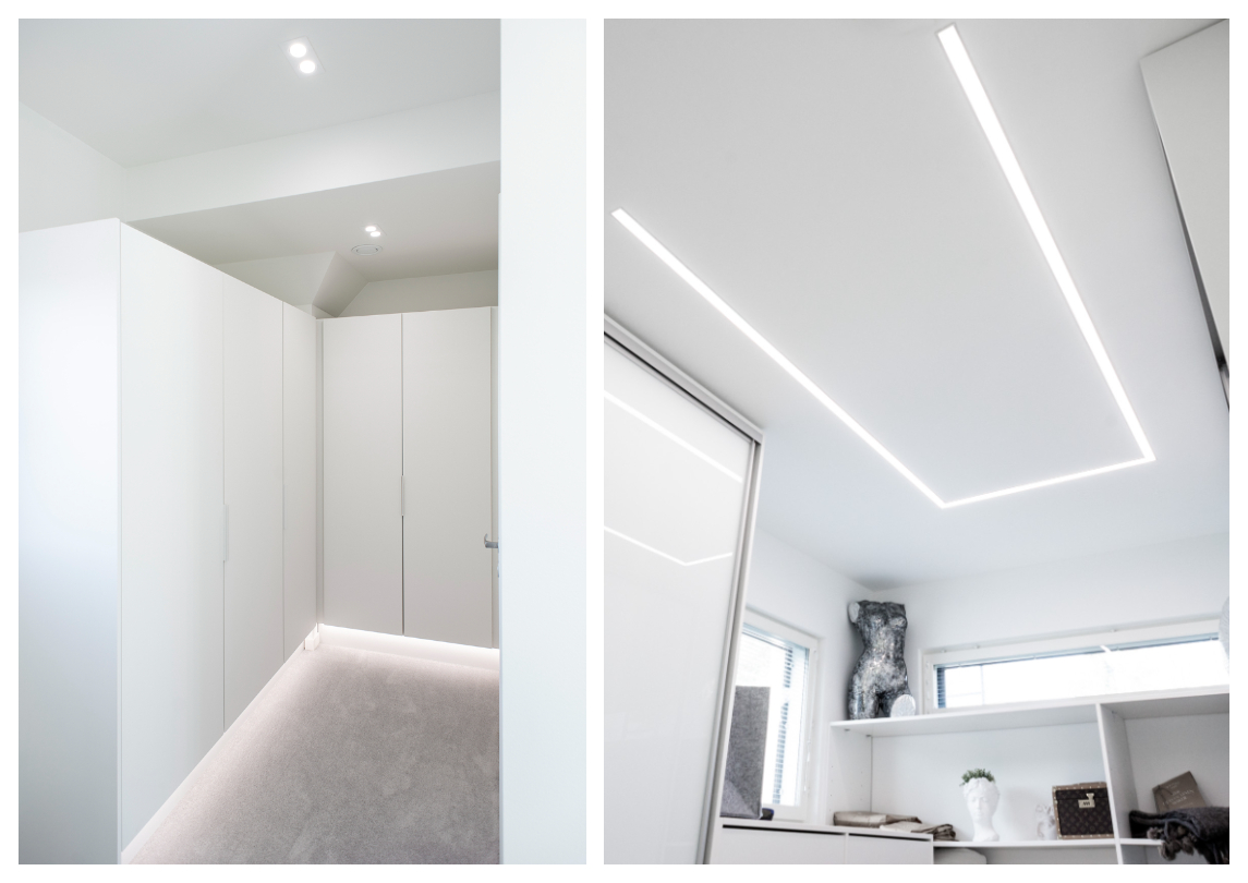 Pari vierekkäistä kuvaa modernisti sisustetuista huoneista minimalistisella valkoisella ilmeellä. Vasemmalla tyylikkäät valkoiset kaapit, joiden alla lämmin led-epäsuora valaistus luo pehmeää tunnelmaa. Oikealla huone, jossa kattoon upotetut led-nauhat korostavat tilaa; avohyllyt ja ikkunan vieressä oleva veistos tuovat persoonallisuutta kokonaisuuteen – LedStore.fi:n valaisimilla tuot modernin valaistuksen kotiisi. - LedStore Kaksiosainen kuva: Vasemmalla puoli näkyy minimalistinen, valkoinen käytävä, jossa on integroidut kaapistot, pehmeä valaistus ja tyylikäs vaatekaapin LED-valaistus. Oikealla puolella moderni huonetila, jossa upotetut lineaariset LED-valot tuovat esiin hyllyt ja korostavat sisustusesineitä. laajaan LedStore.fi:n valikoimaan tutustu erilaisia LED-valaistusratkaisuja jokaiseen kotiin!