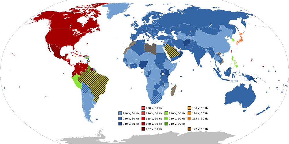 World_Map_of_Mains_Voltages_and_Frequencies,_Detailed.svg - LedStore led muuntaja, sähköverkko eri puolilla maalilmaa Kuva: Wikipedia