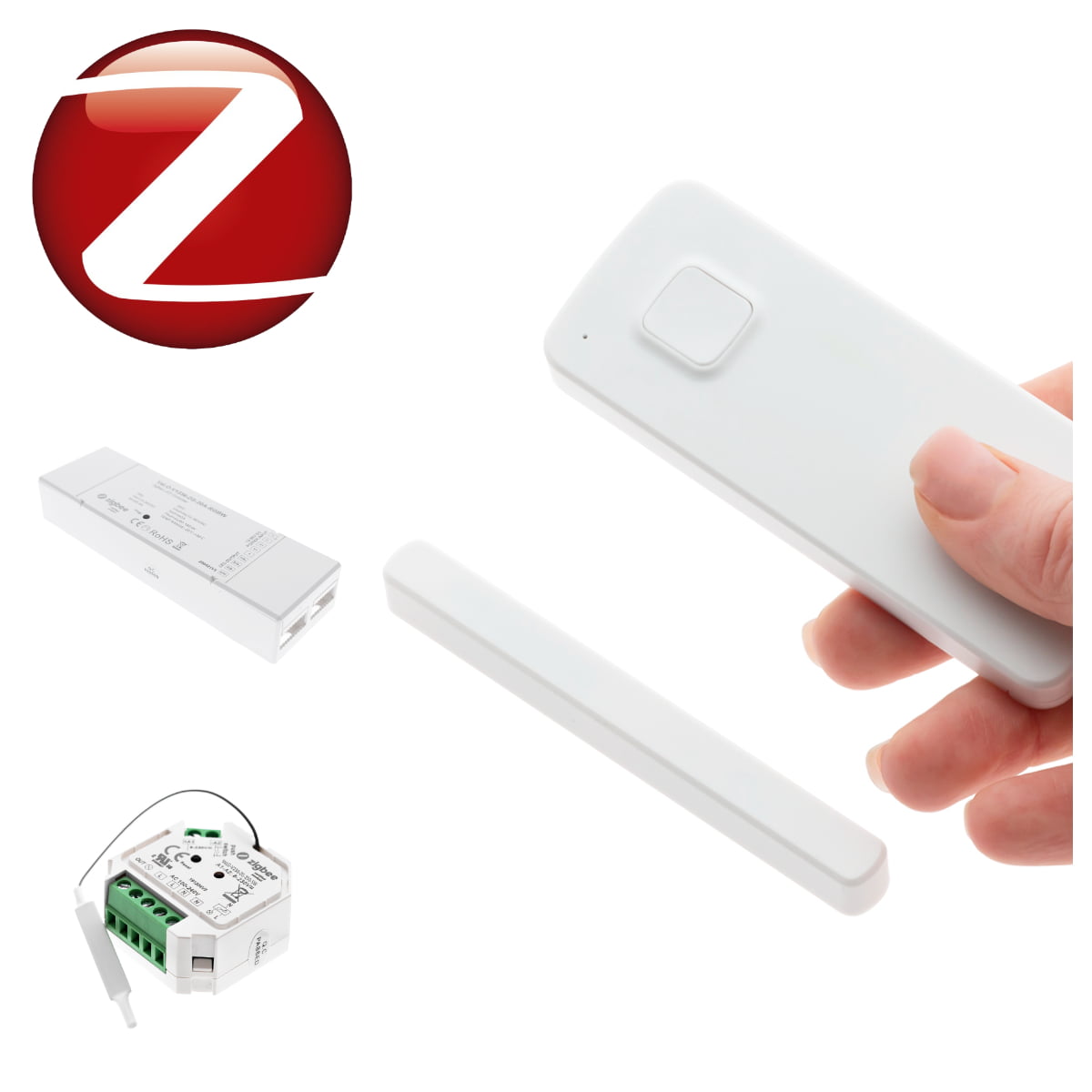Zigbee-älyvalaistus tuotteita ovat myös esimerkiksi ovisensori (oik.), joka sytyttää ja sammuttaa valot oven avaamisen mukana.