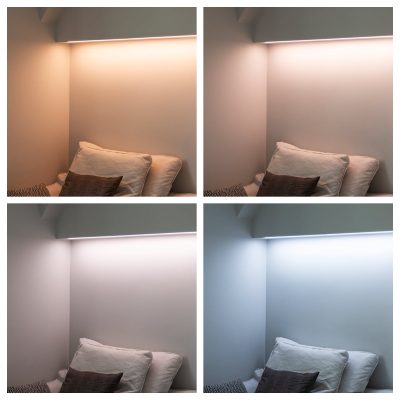 Minimalistisessa nurkkauksessa on valkoinen tuoli, jota koristaa torjui tyyny. LedStore.fi:n valikoiman LED-valaistus jakautuu neljään eri vyöhykkeeseen: lämmin, pehmeä pinkki, hienovarainen hehkulamppusävy ja viileä valkoinen. Nämä eri valaistusvaihtoehdot korostavat paikassaia tunnelmia.