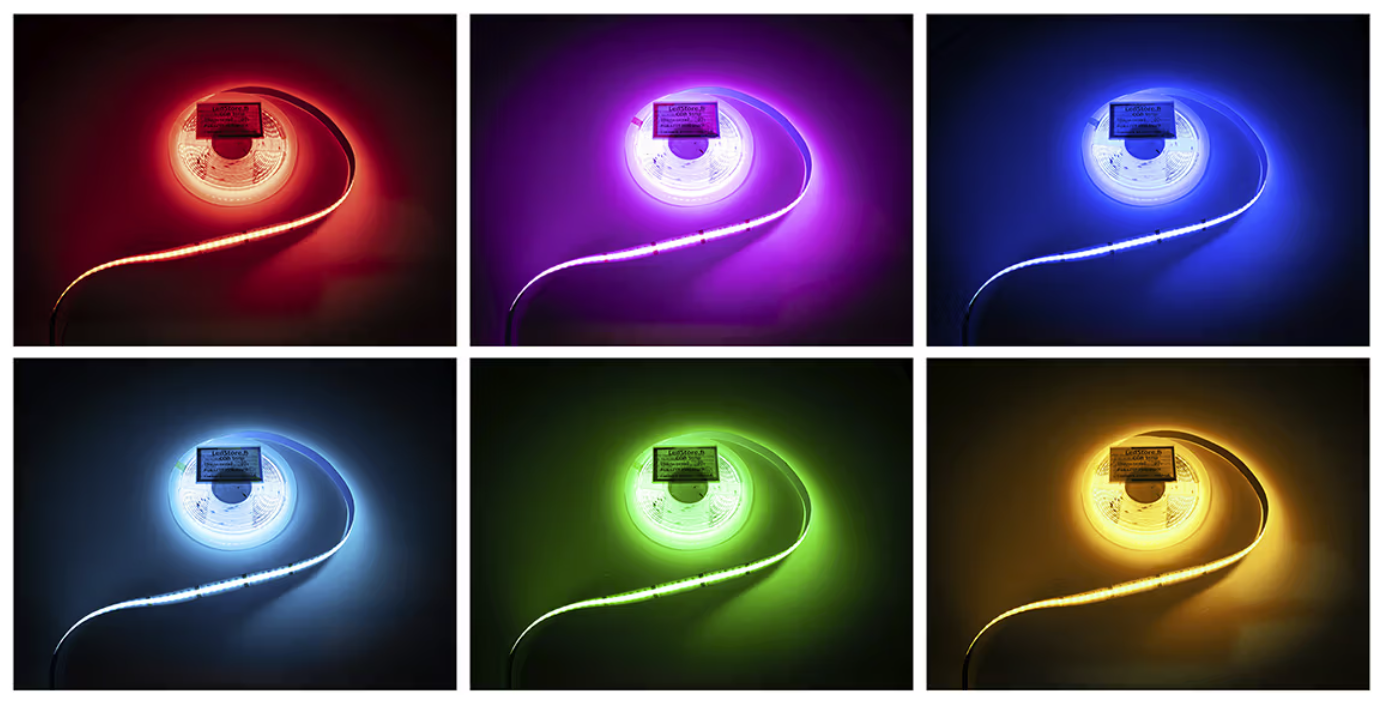 Kuusi LED-valonauhaa loistaa punaisena, sinisenä, violetina, valkoisena, vihreänä ja keltaisena tummalla taustalla. - LedStore RGB-valonauha, juhlavalaistus vaatii väriä, jota saadaan helposti led-nauhasta.